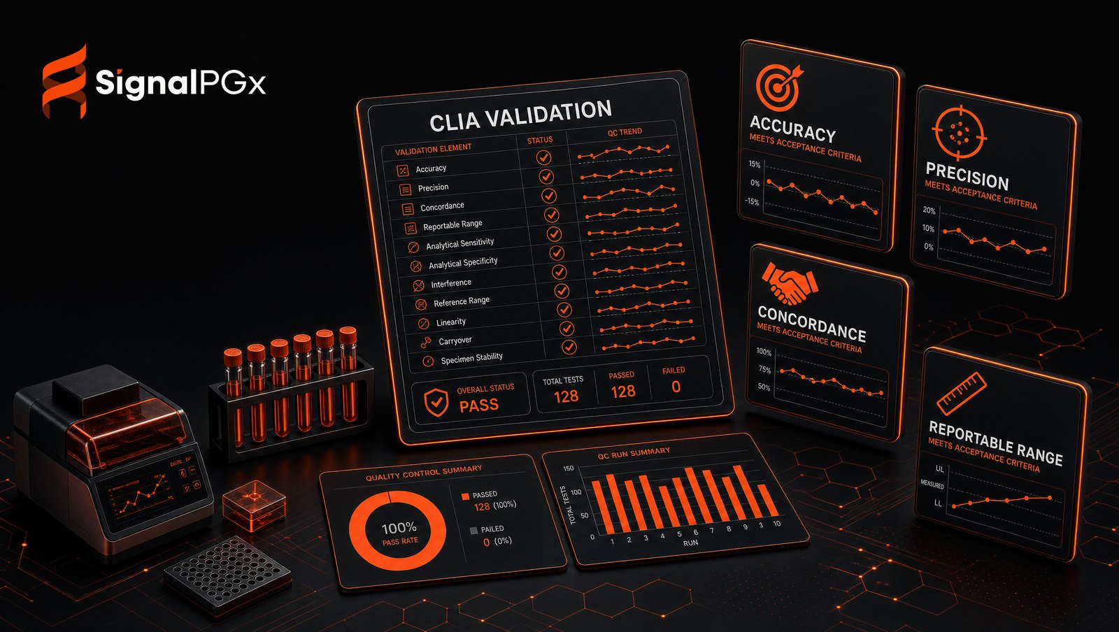 Isometric diagram: a CLIA validation dashboard showing accuracy, precision, concordance and reportable-range QC results
