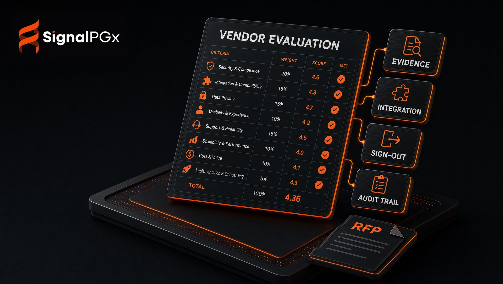 Isometric diagram: a PGx software vendor-evaluation scorecard scoring evidence, integration, sign-out and audit trail