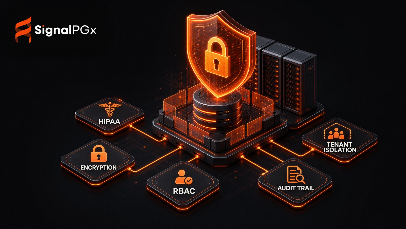 Isometric diagram: a security shield over a server stack with HIPAA, encryption, RBAC, audit trail and tenant isolation controls