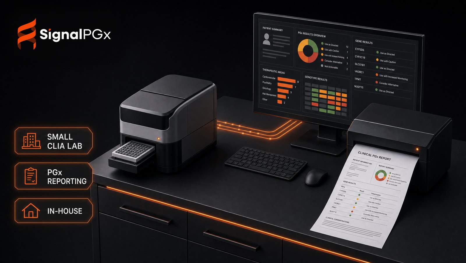 Isometric diagram: a small CLIA lab bench with a benchtop analyzer producing an in-house pharmacogenomics report