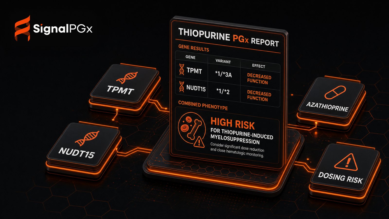 Isometric diagram: TPMT and NUDT15 results combined into a thiopurine dosing-risk PGx report